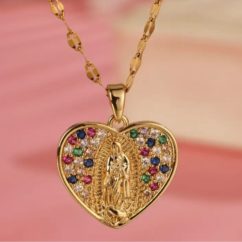 Virgin Mary Gold Heart Pendant Necklace with Multicolor Stones
